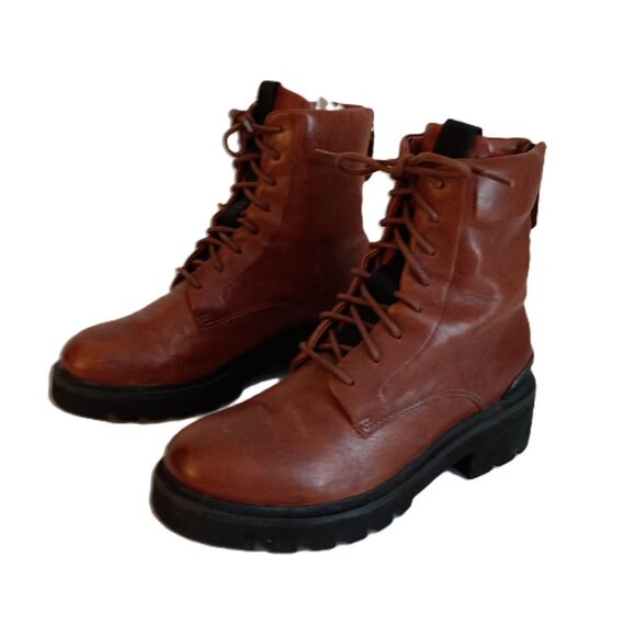Frye Allison Cognac Leather Combat Boots Lace Up Zip Moto Ankle Women's Size 7.5 - Picture 1 of 16